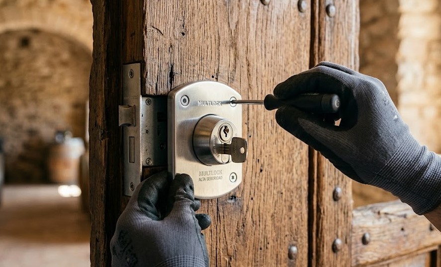 Especialista instalando cerradura de alta seguridad en puerta de vivienda en Sant Sadurní